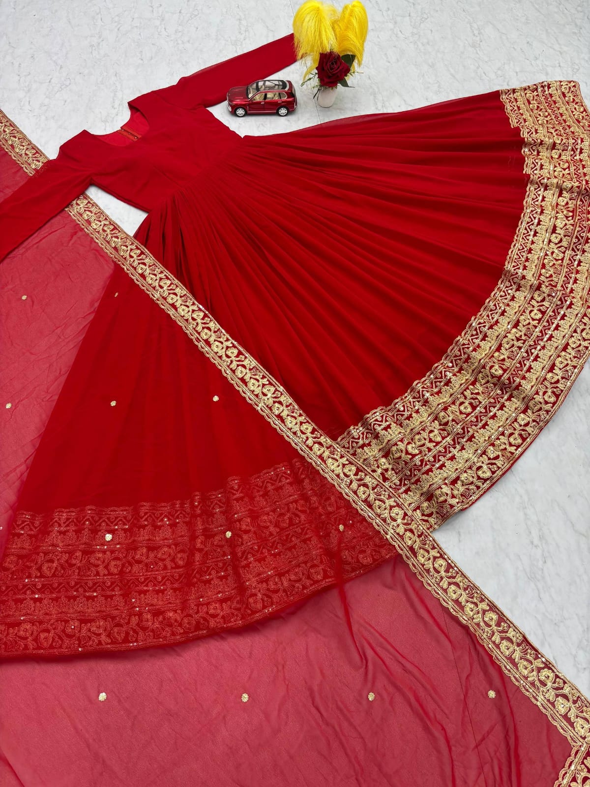 Red Fox Georgette Fabric Heavy Embroidery Coding Sequence Work Gown