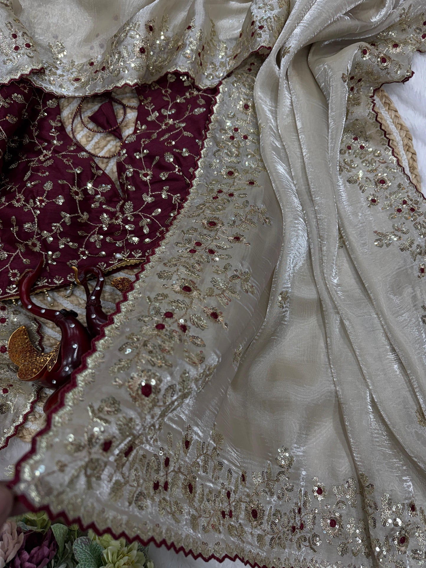 White soft jimmy choo silk saree with beautiful sequence embroidery work