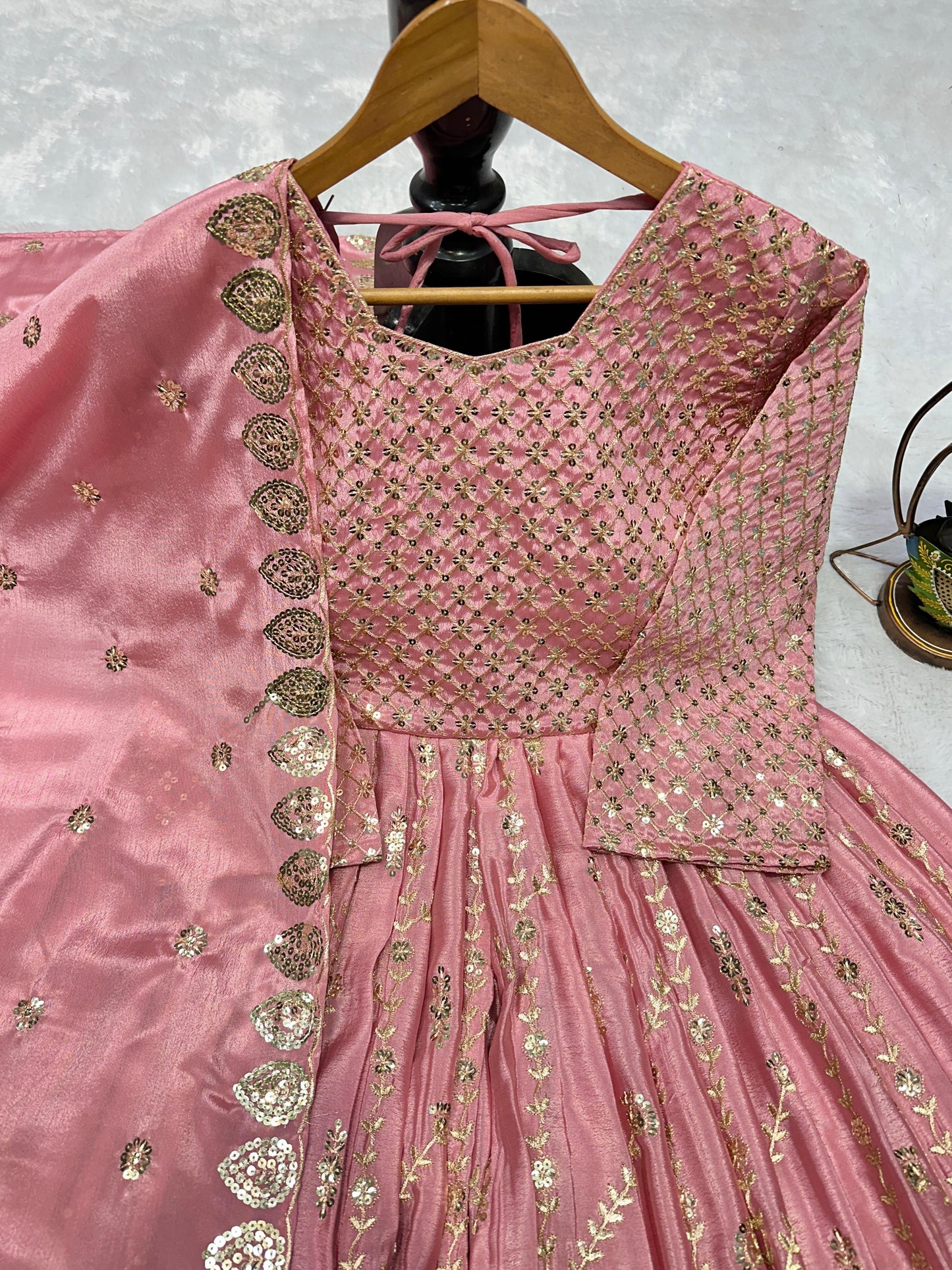 Heavy Chinon Silk Gown Lehenga Set with Embroidered Dupatta