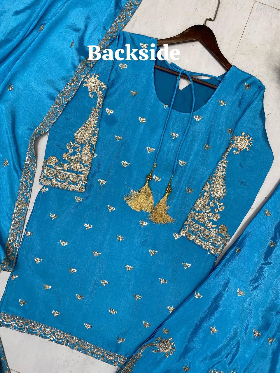 DESIGNER WEAR PLAZZO SUIT IN 3 PIECE WITH SEQUENCE EMBROIDERY WORK