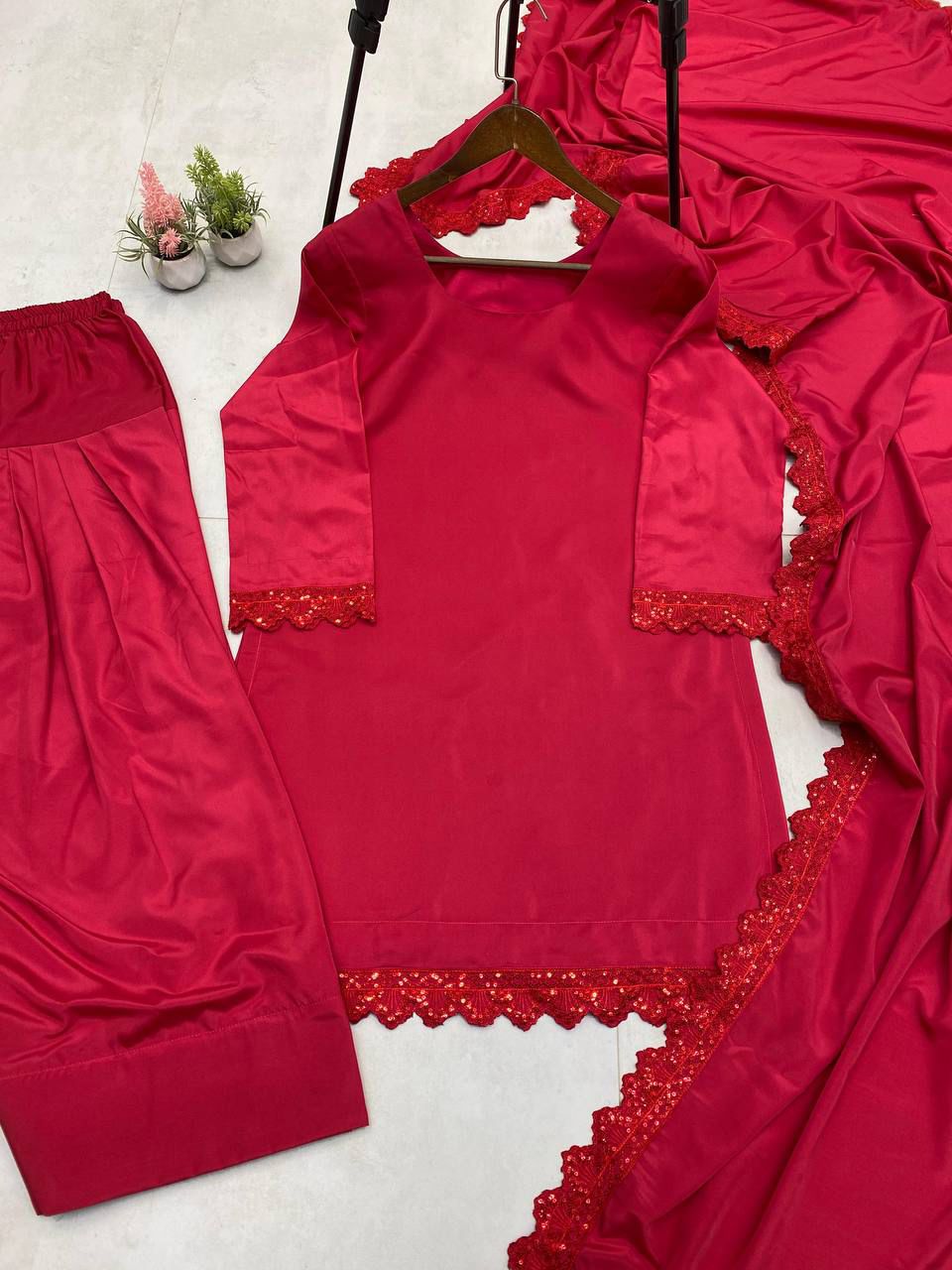 Elegant French Crepe Farshi Suit with Embroidered Sequence Work