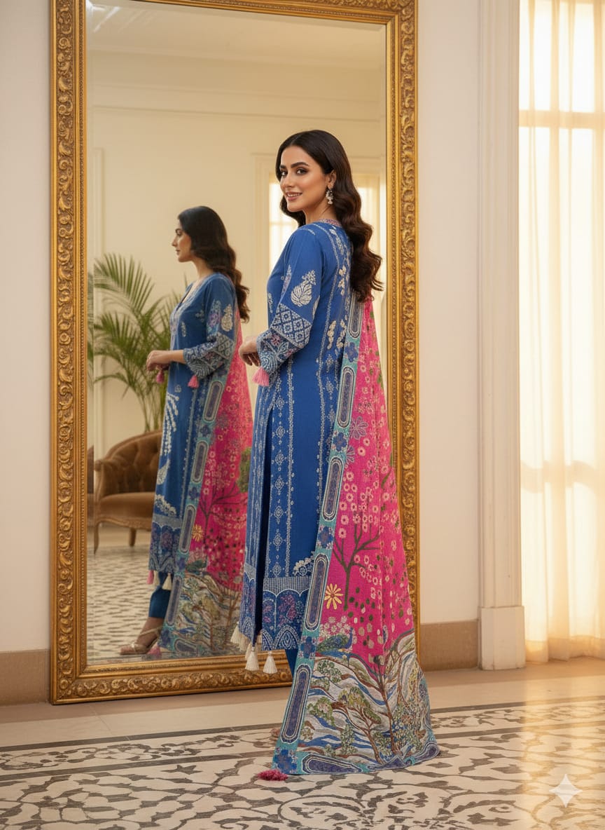 Heavy Muslin Silk Kurti Pant Dupatta Set with Hand Sequence Embroidery Work