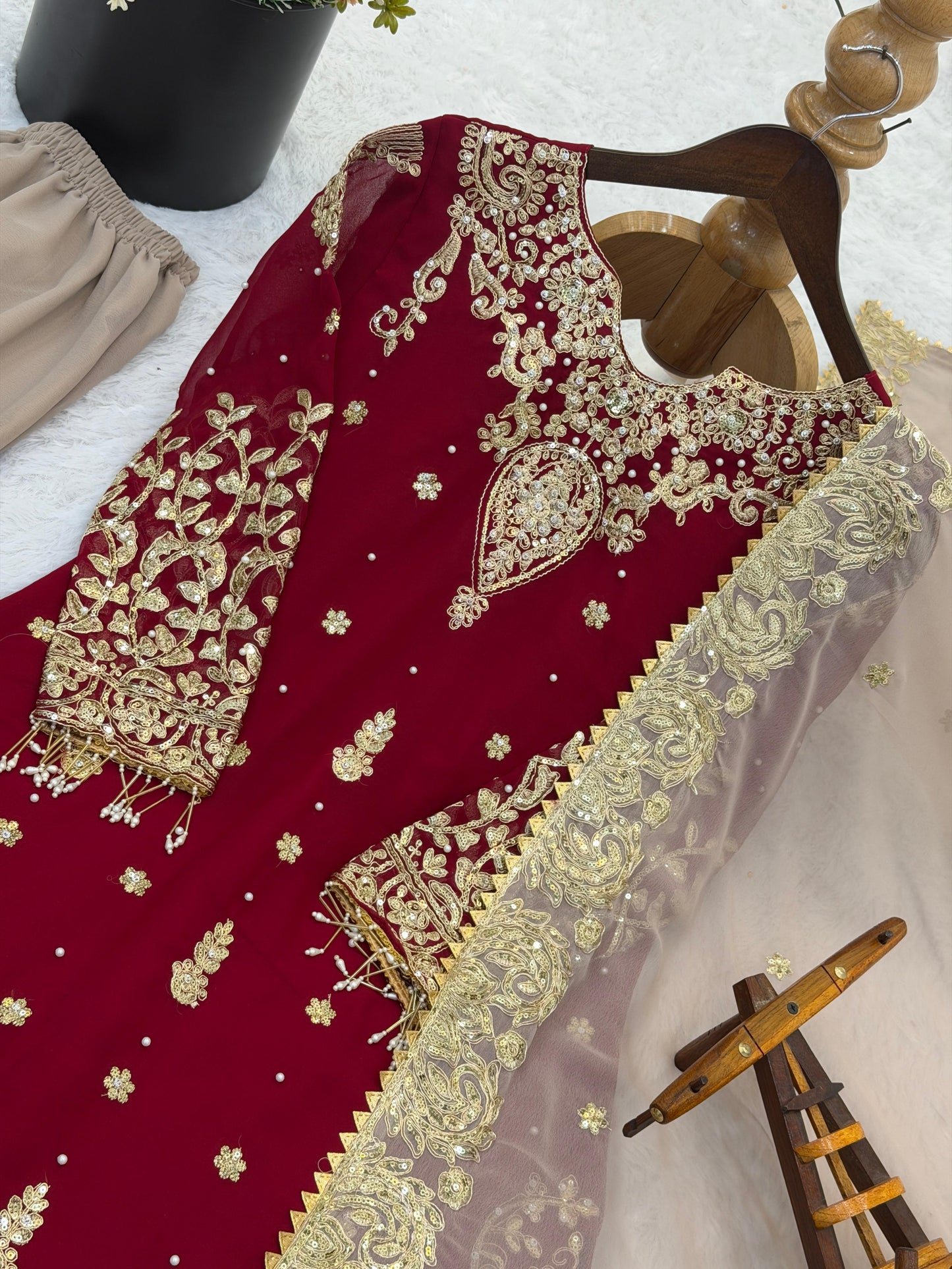 Heavy Faux Georgette Embroidered Sequence Work Suit with Rivet Moti Work