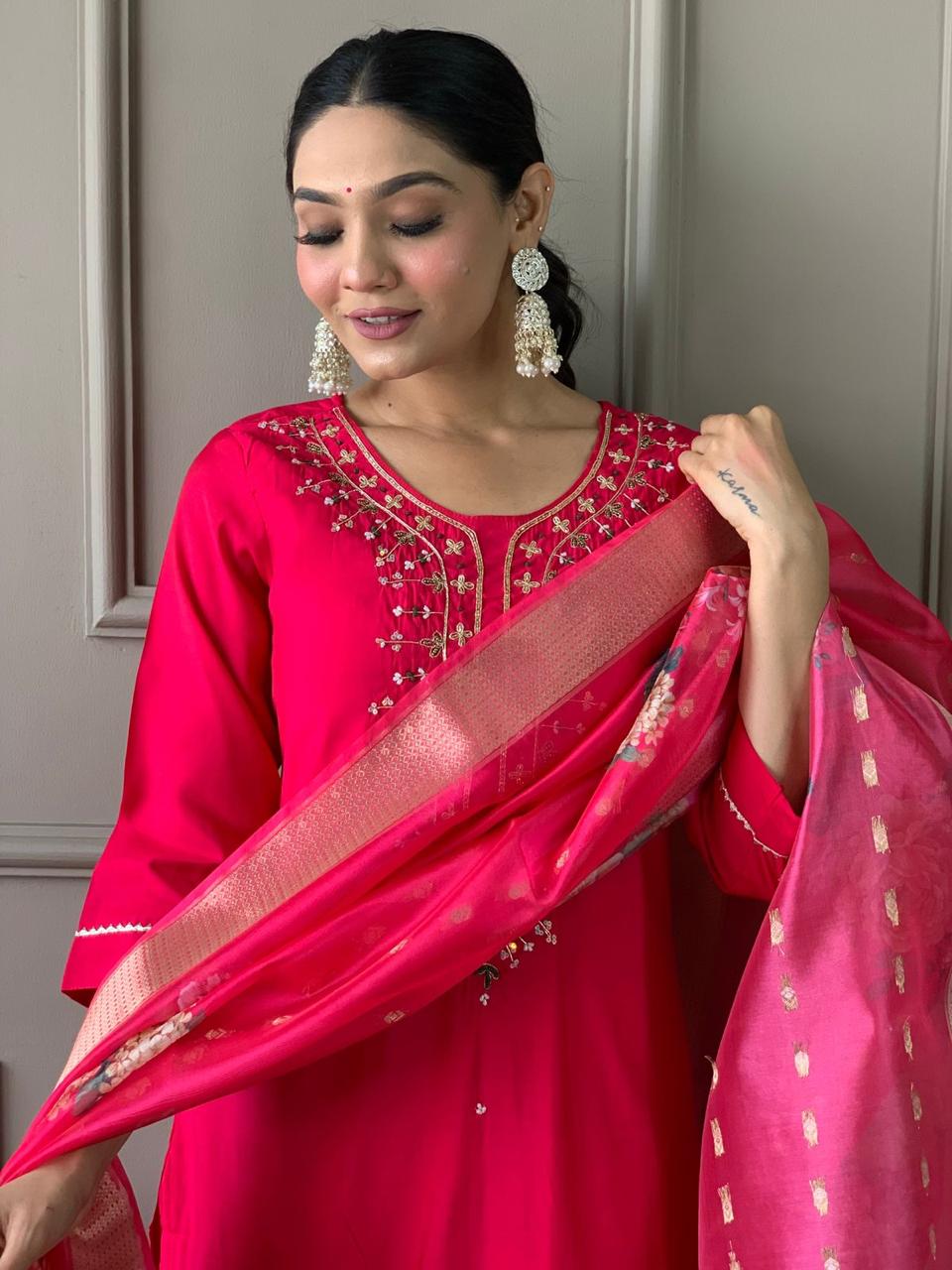 Roman Silk Chanderi Fabric Kurta Set