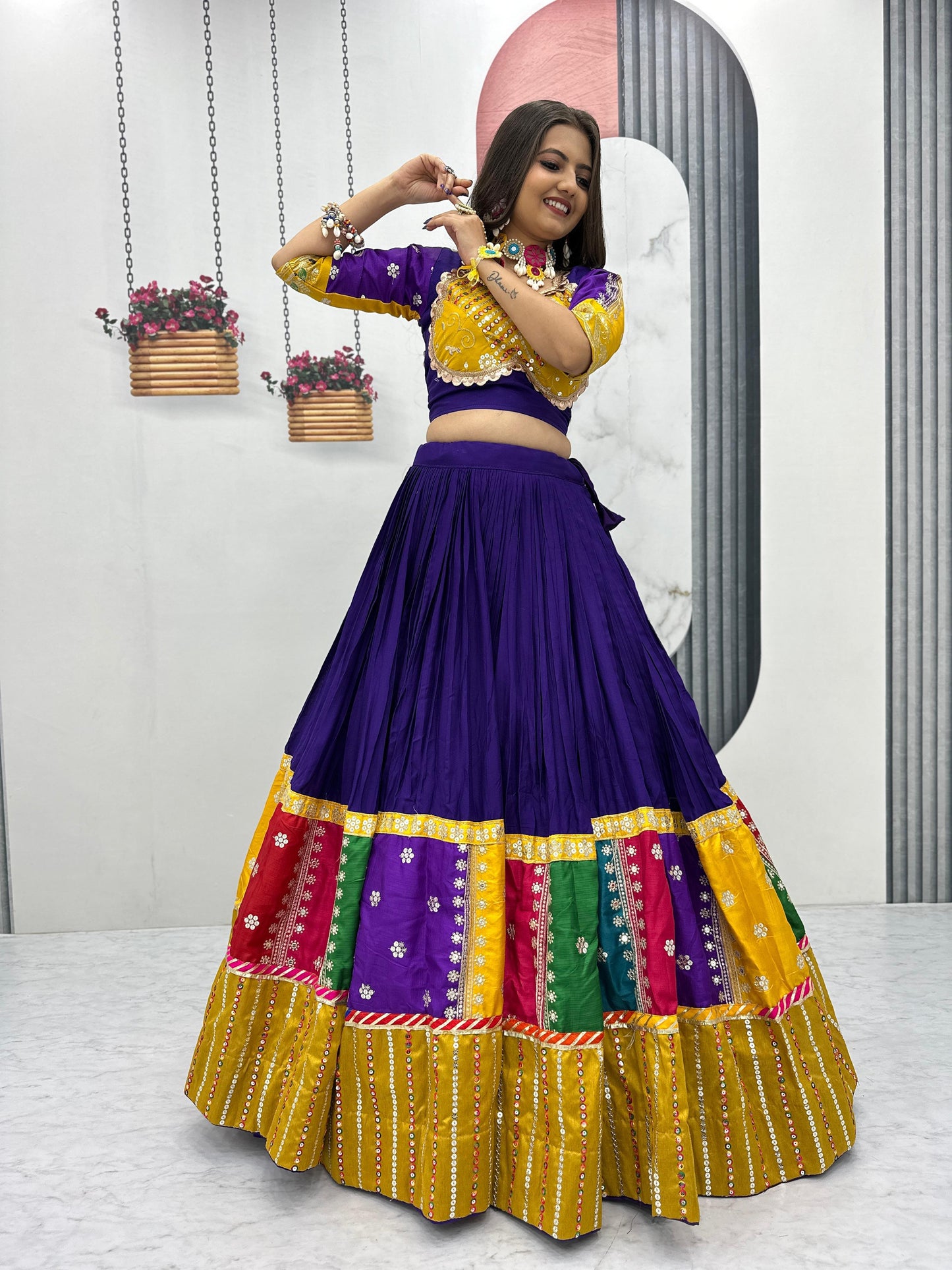 Women's Embroidery Sequence Work Pure Cotton Lehenga Choli and Dupatta