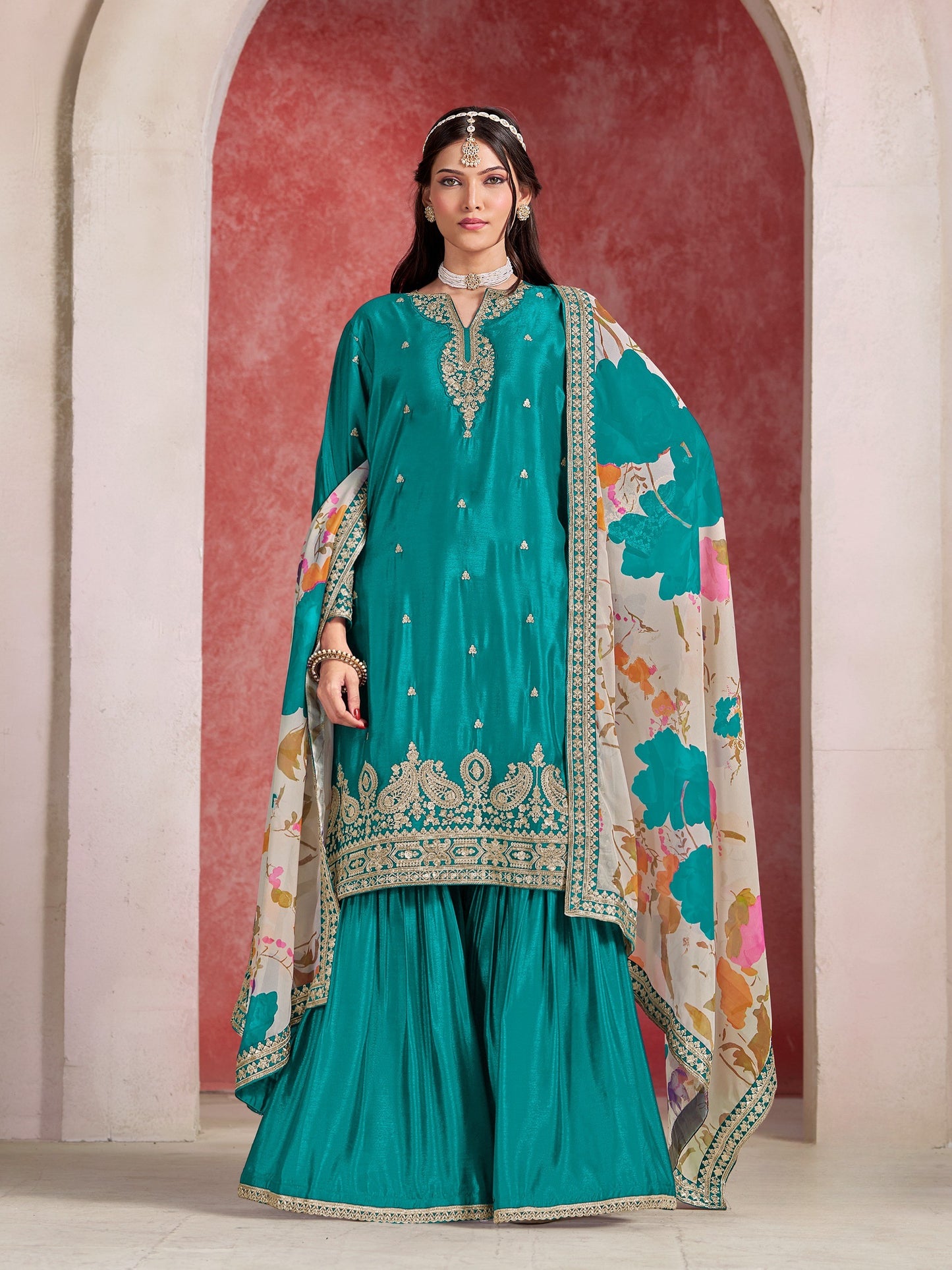 Chinon Silk Embroidered Palazzo Suit