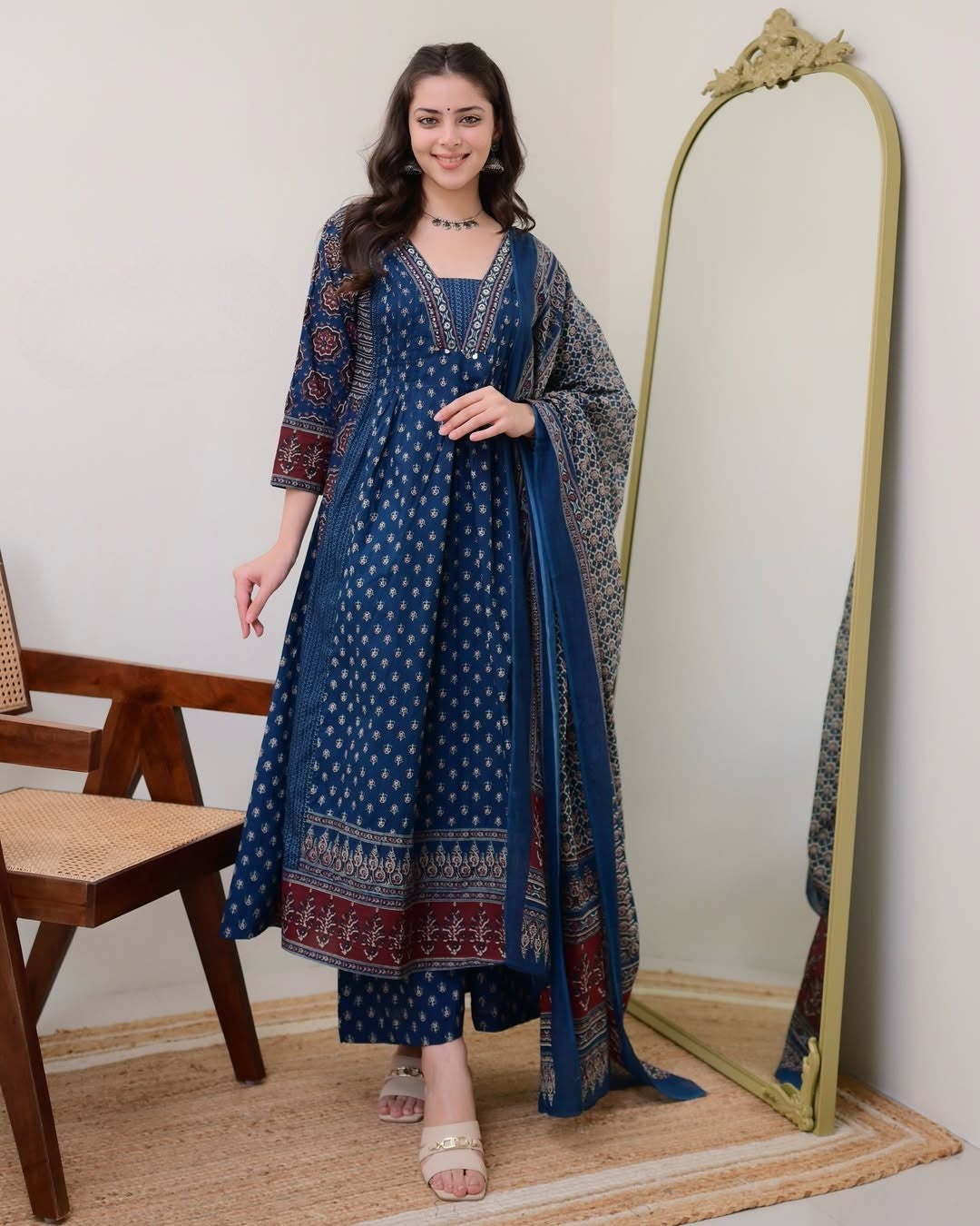 Blue Printed Anarkali Kurta Palazzo & Dupatta