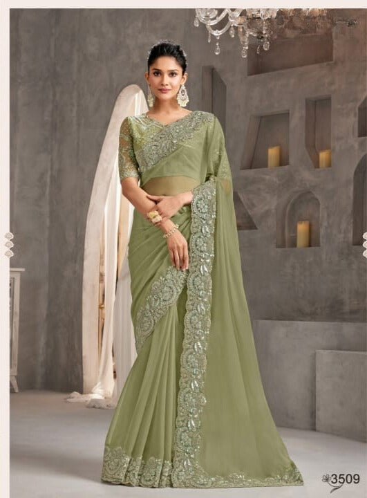 Shimmering Silk Georgette Fabric Lace Border Work Chiffon Saree