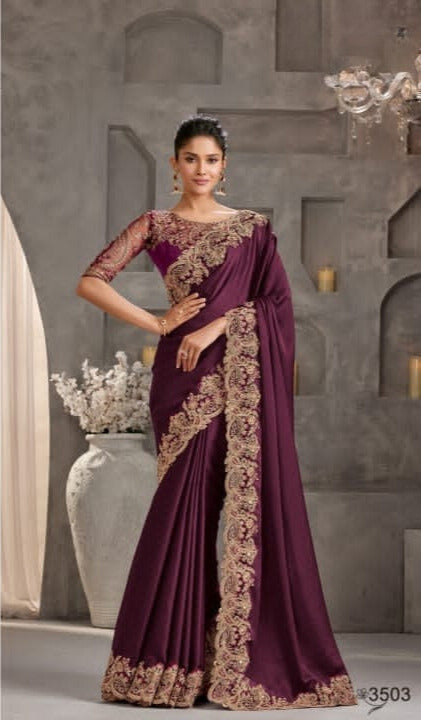 Shimmering Silk Georgette Fabric Lace Border Work Chiffon Saree