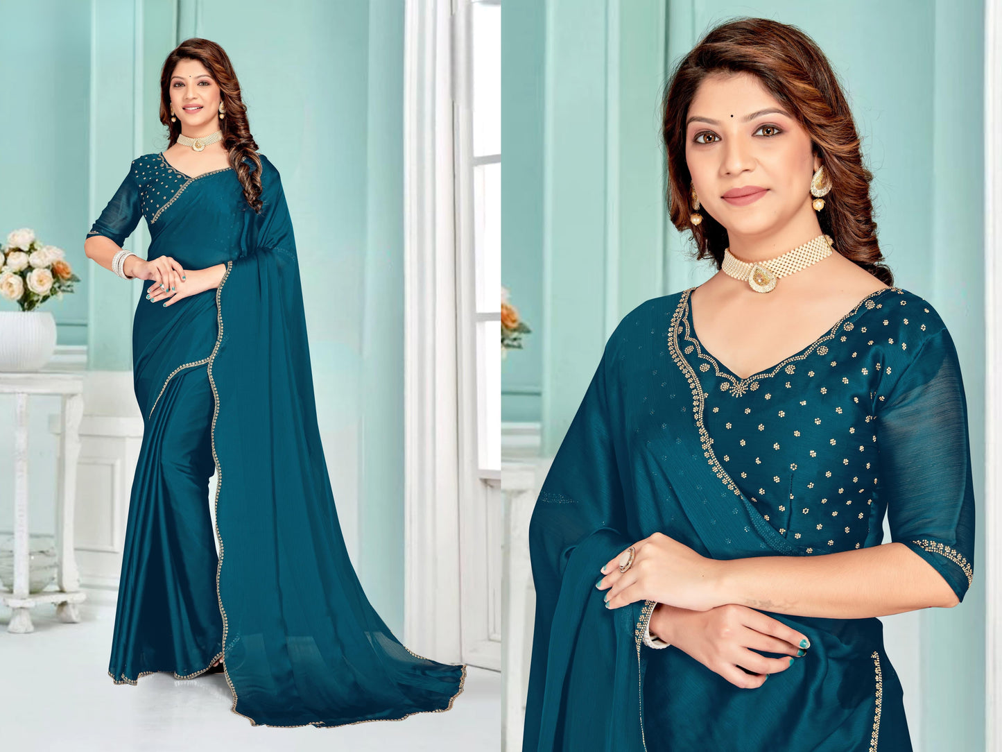 Designer Stone Work & Embroidered Zircon work Silk Saree