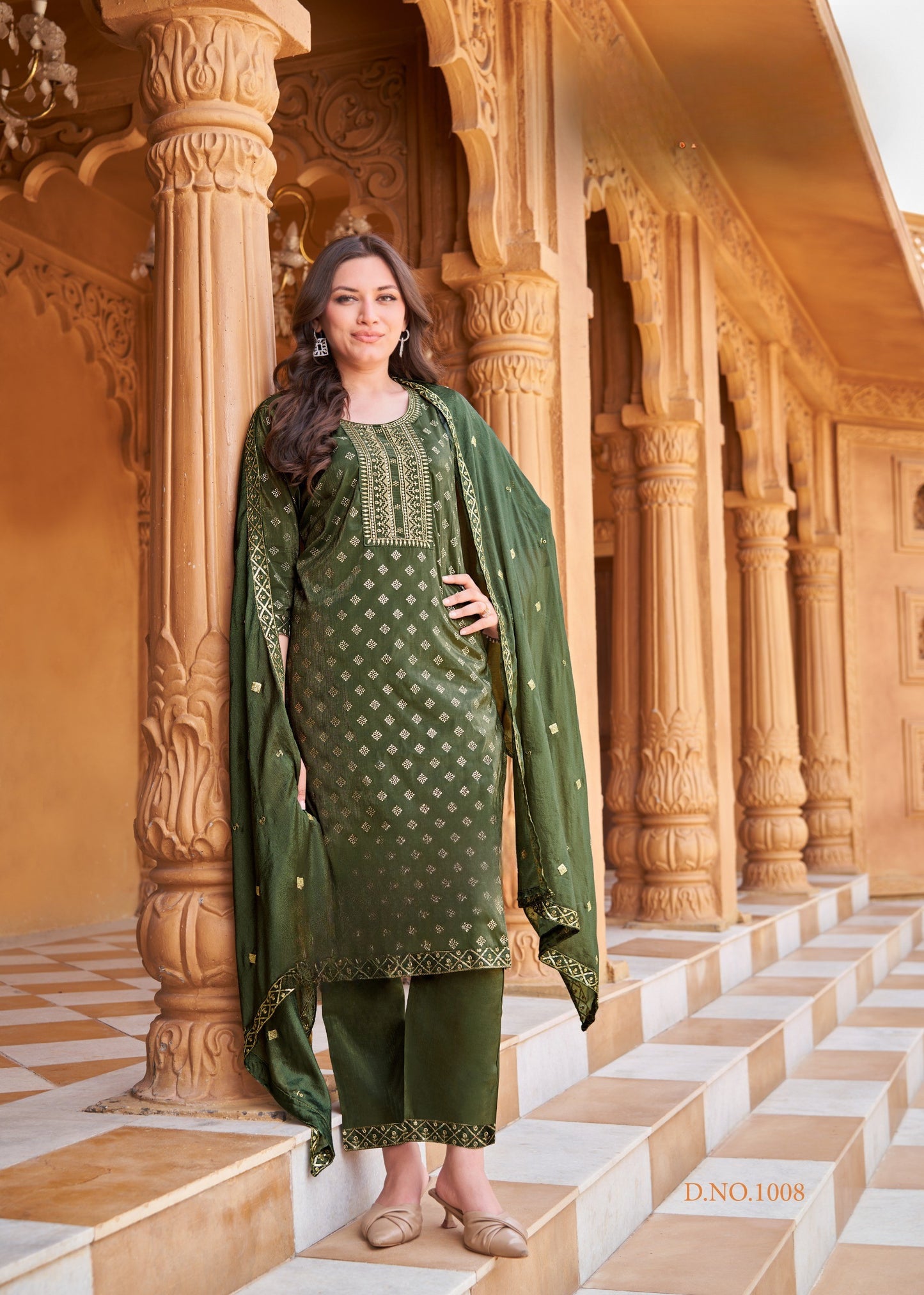 Pure Viscose Simmer Roman Embroidered Kurta with Gold Print Dupatta and Pant