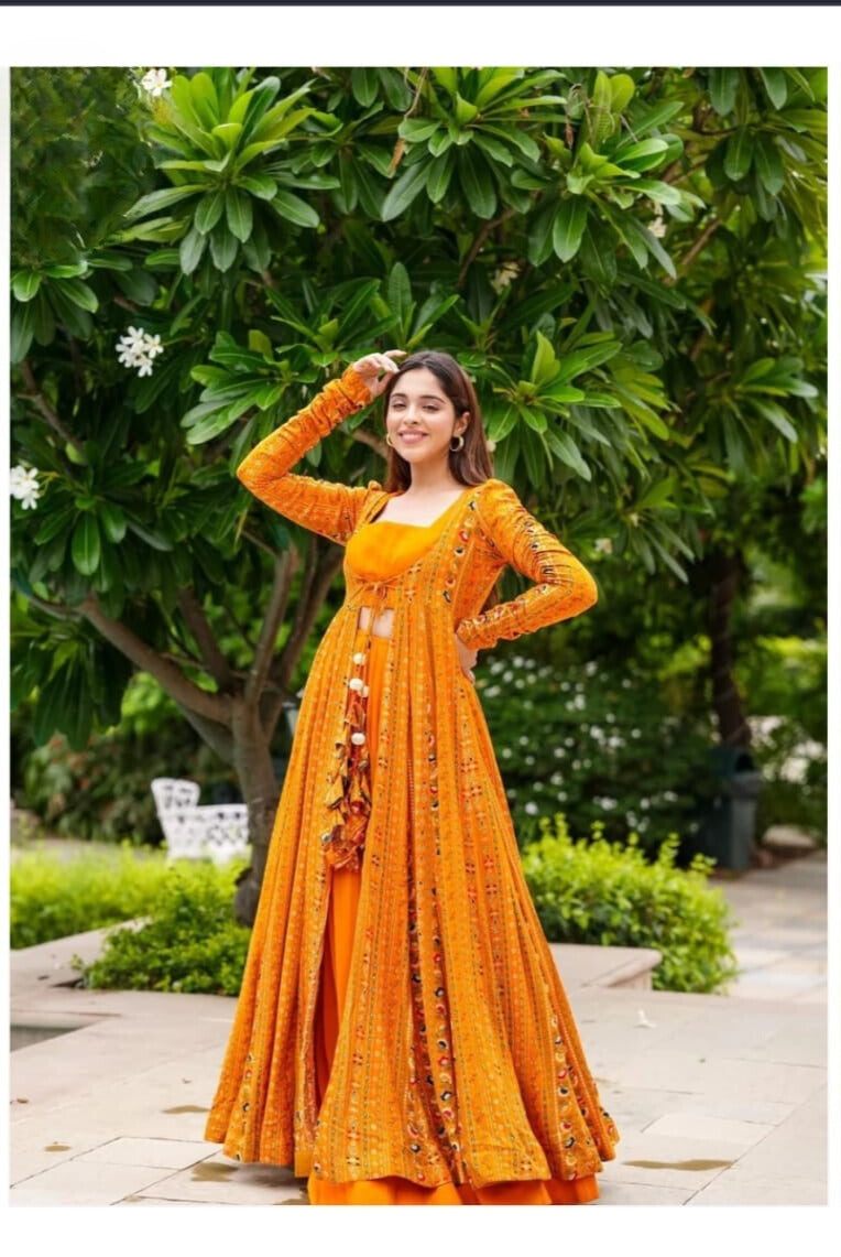 Gorgeous Printed Shrug Style Indo Western Gown