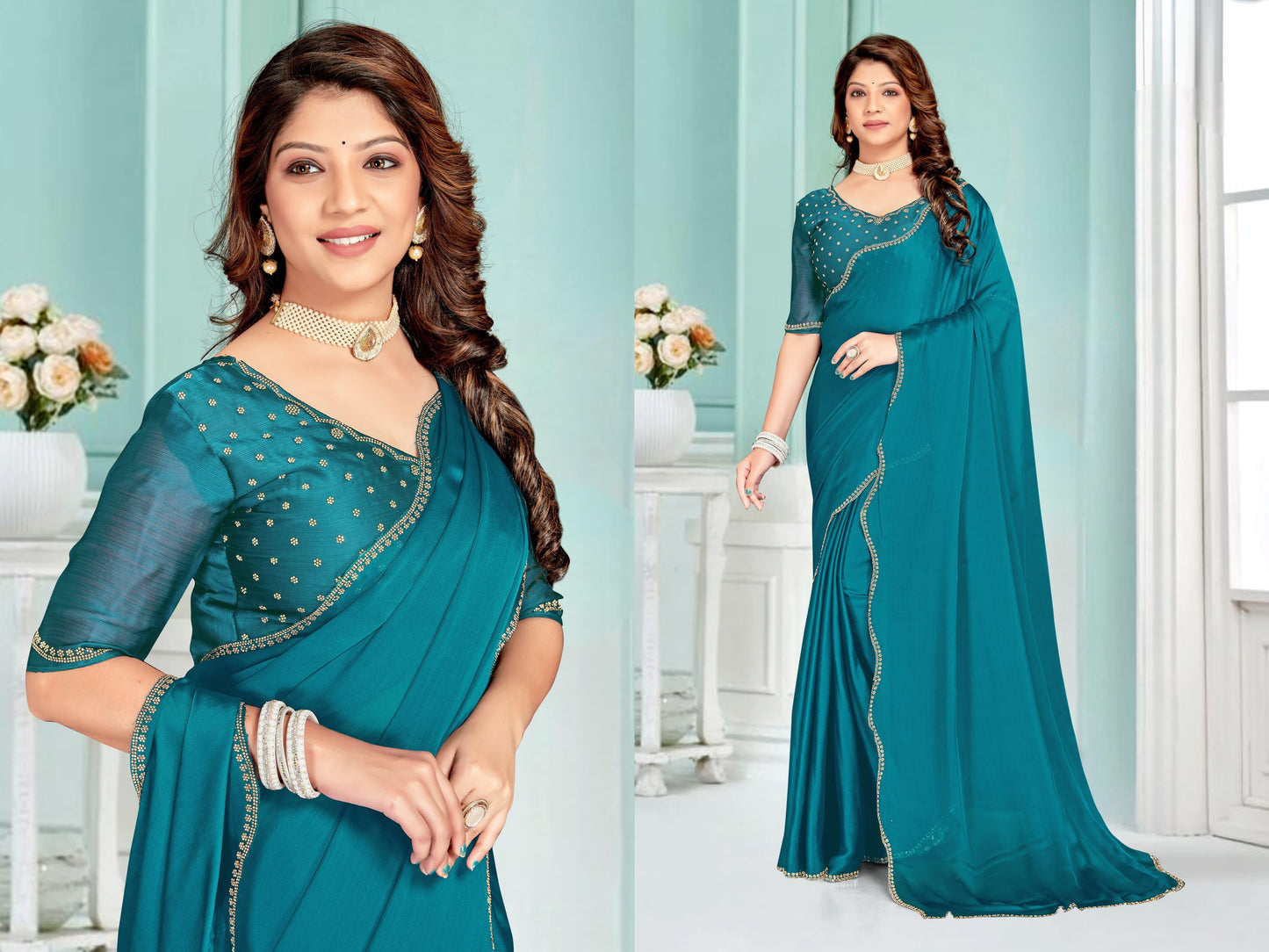 Designer Stone Work & Embroidered Zircon work Silk Saree