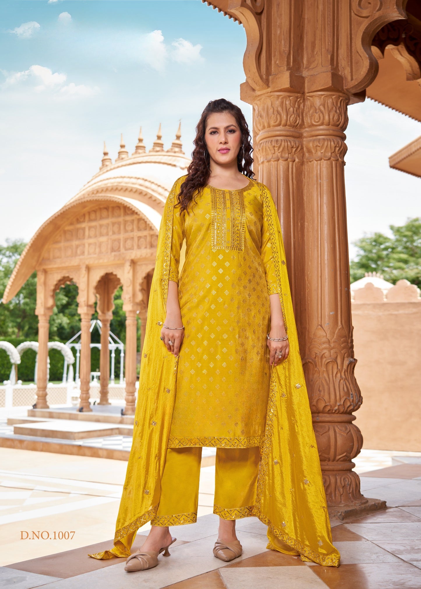 Pure Viscose Simmer Roman Embroidered Kurta with Gold Print Dupatta and Pant