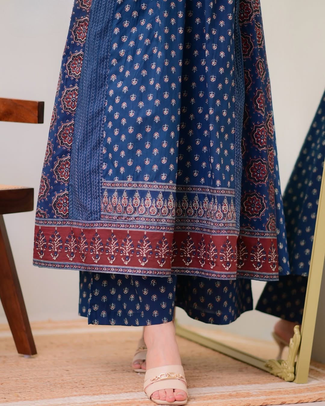 Blue Printed Anarkali Kurta Palazzo & Dupatta