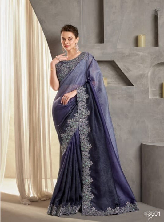 Shimmering Silk Georgette Fabric Lace Border Work Chiffon Saree