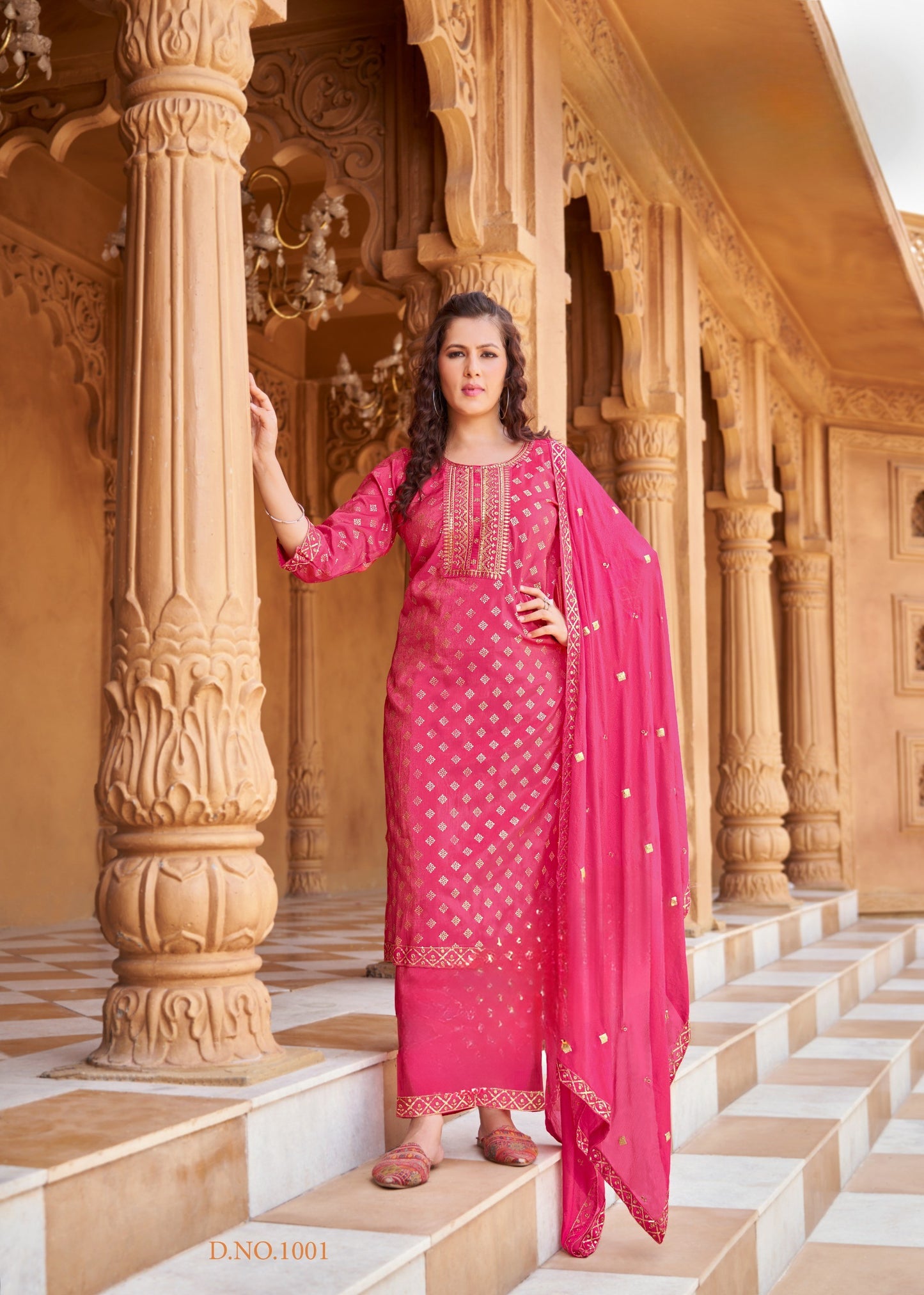 Pure Viscose Simmer Roman Embroidered Kurta with Gold Print Dupatta and Pant