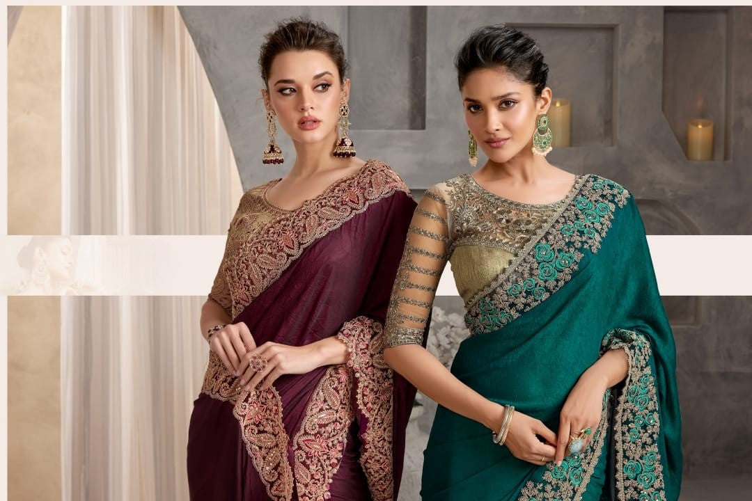 Shimmering Silk Georgette Fabric Lace Border Work Chiffon Saree