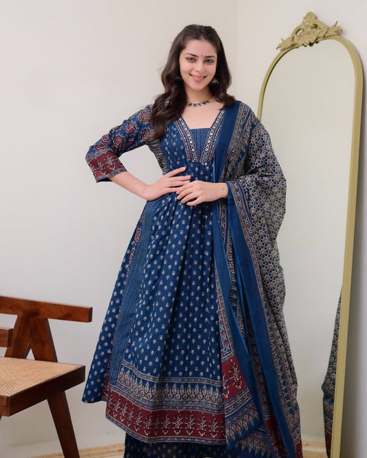 Blue Printed Anarkali Kurta Palazzo & Dupatta