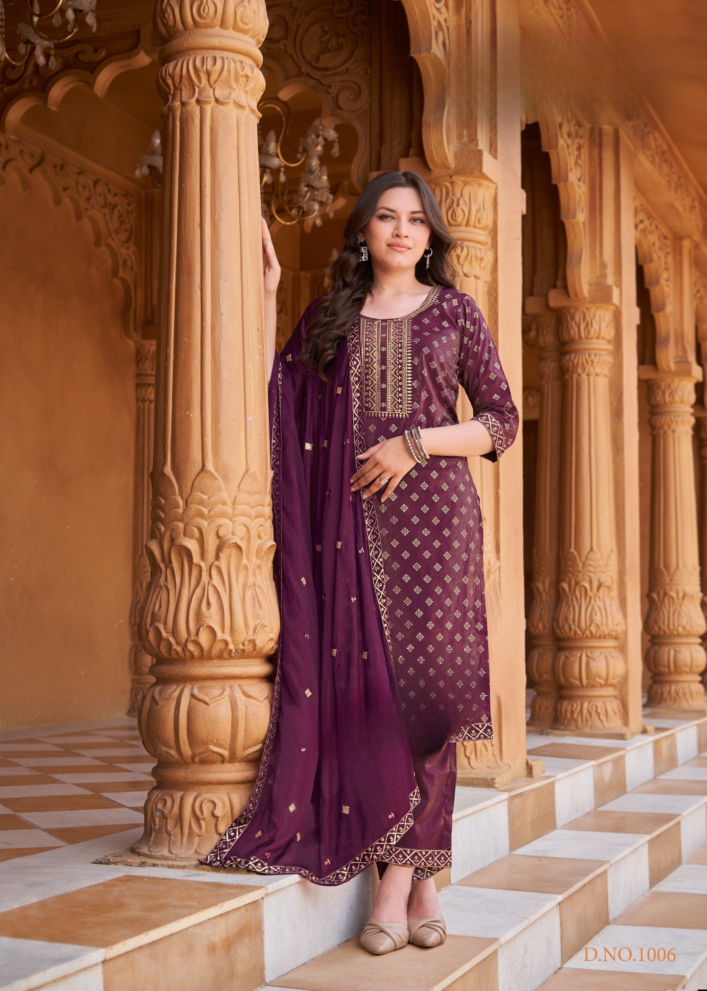 Pure Viscose Simmer Roman Embroidered Kurta with Gold Print Dupatta and Pant