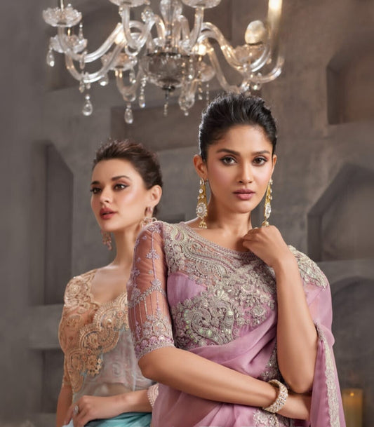 Shimmering Silk Georgette Fabric Lace Border Work Chiffon Saree