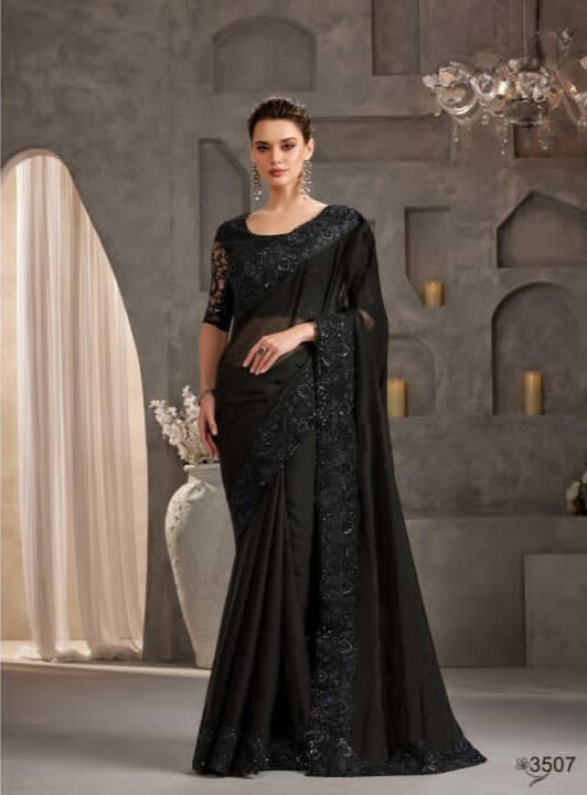 Shimmering Silk Georgette Fabric Lace Border Work Chiffon Saree