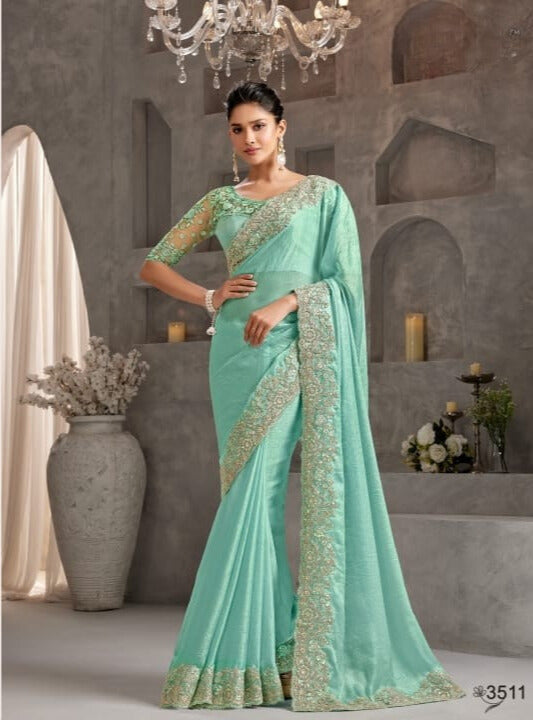 Shimmering Silk Georgette Fabric Lace Border Work Chiffon Saree