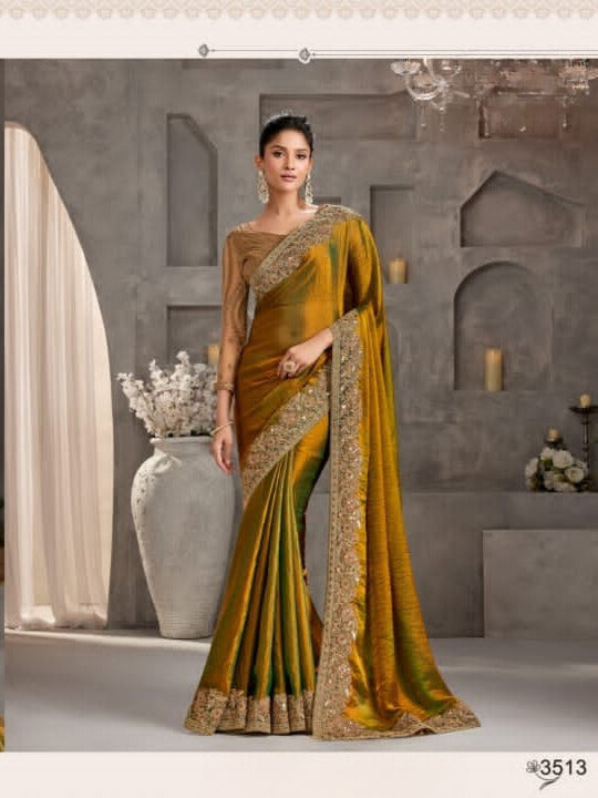 Shimmering Silk Georgette Fabric Lace Border Work Chiffon Saree