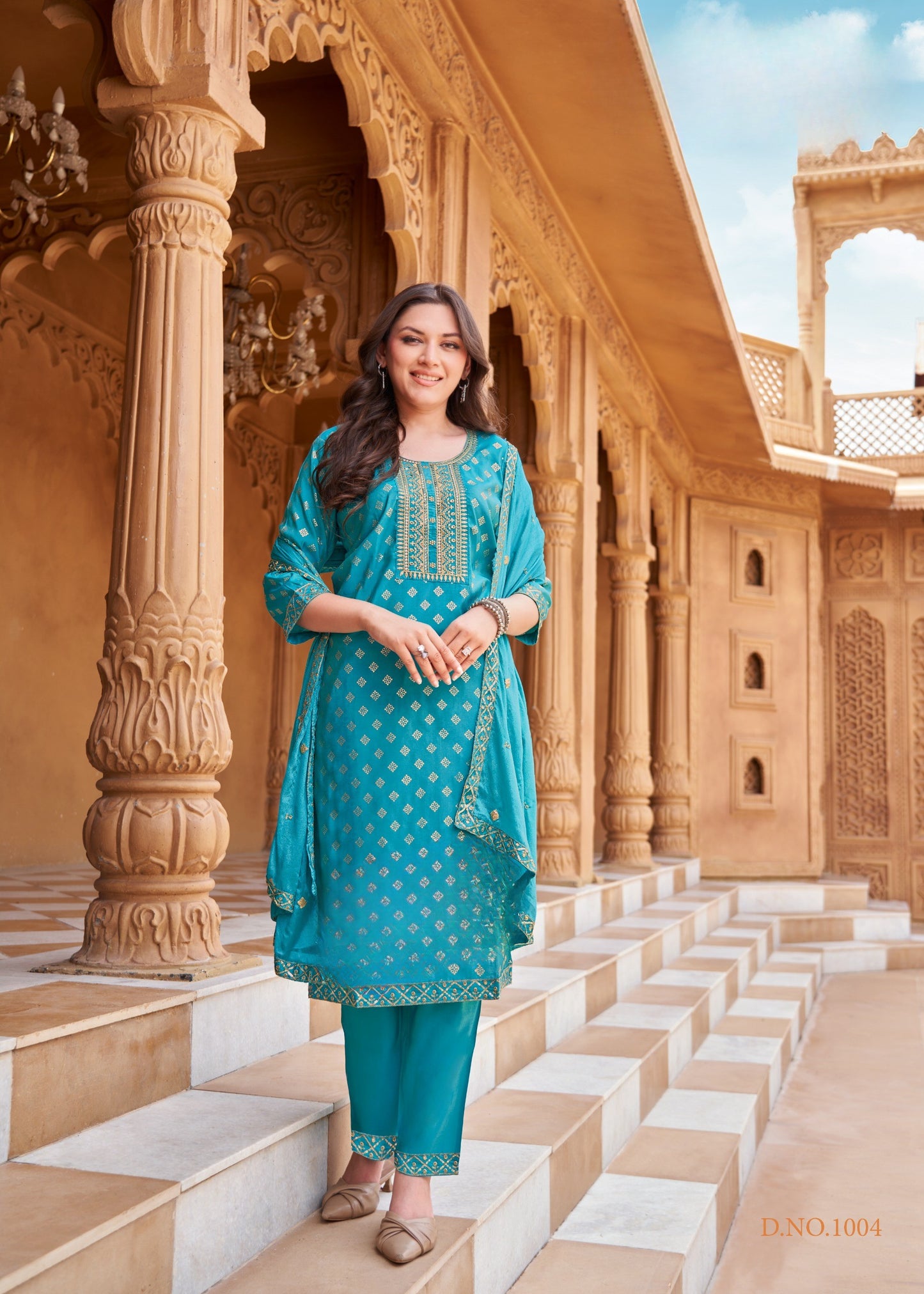 Pure Viscose Simmer Roman Embroidered Kurta with Gold Print Dupatta and Pant
