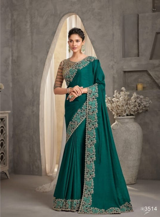 Shimmering Silk Georgette Fabric Lace Border Work Chiffon Saree