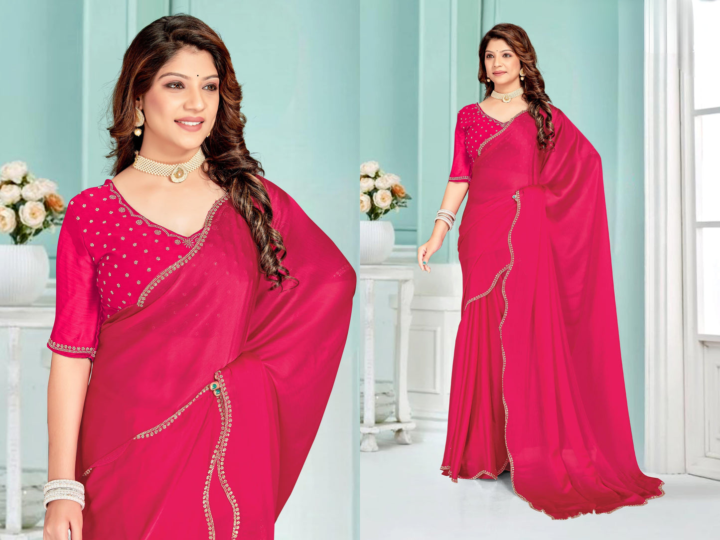 Designer Stone Work & Embroidered Zircon work Silk Saree