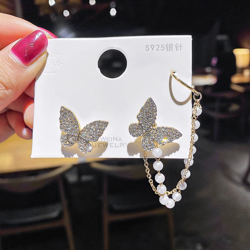 Back Hanging High Class Butterfly Imitation Pearl Earrings