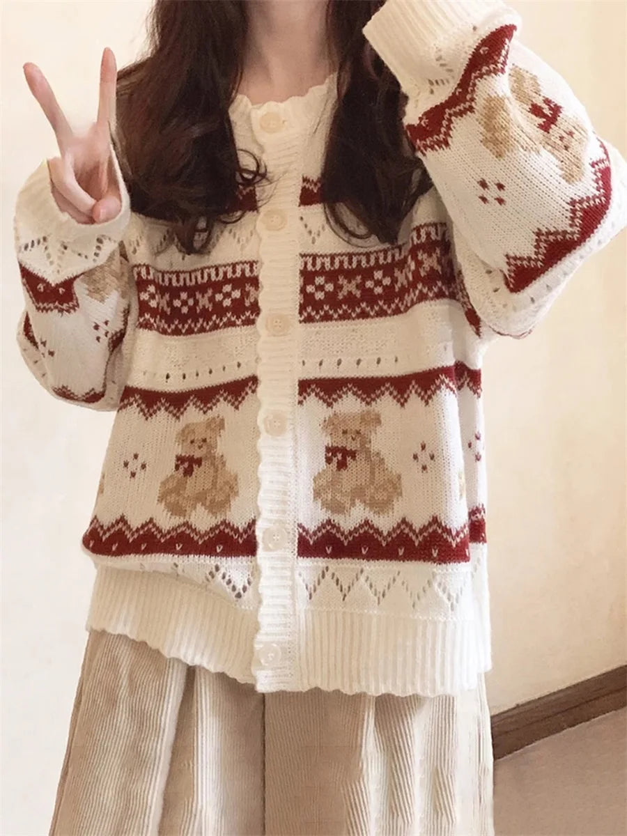 2025 New Year Button Cardigan Retro Bear Knitted Sweaters