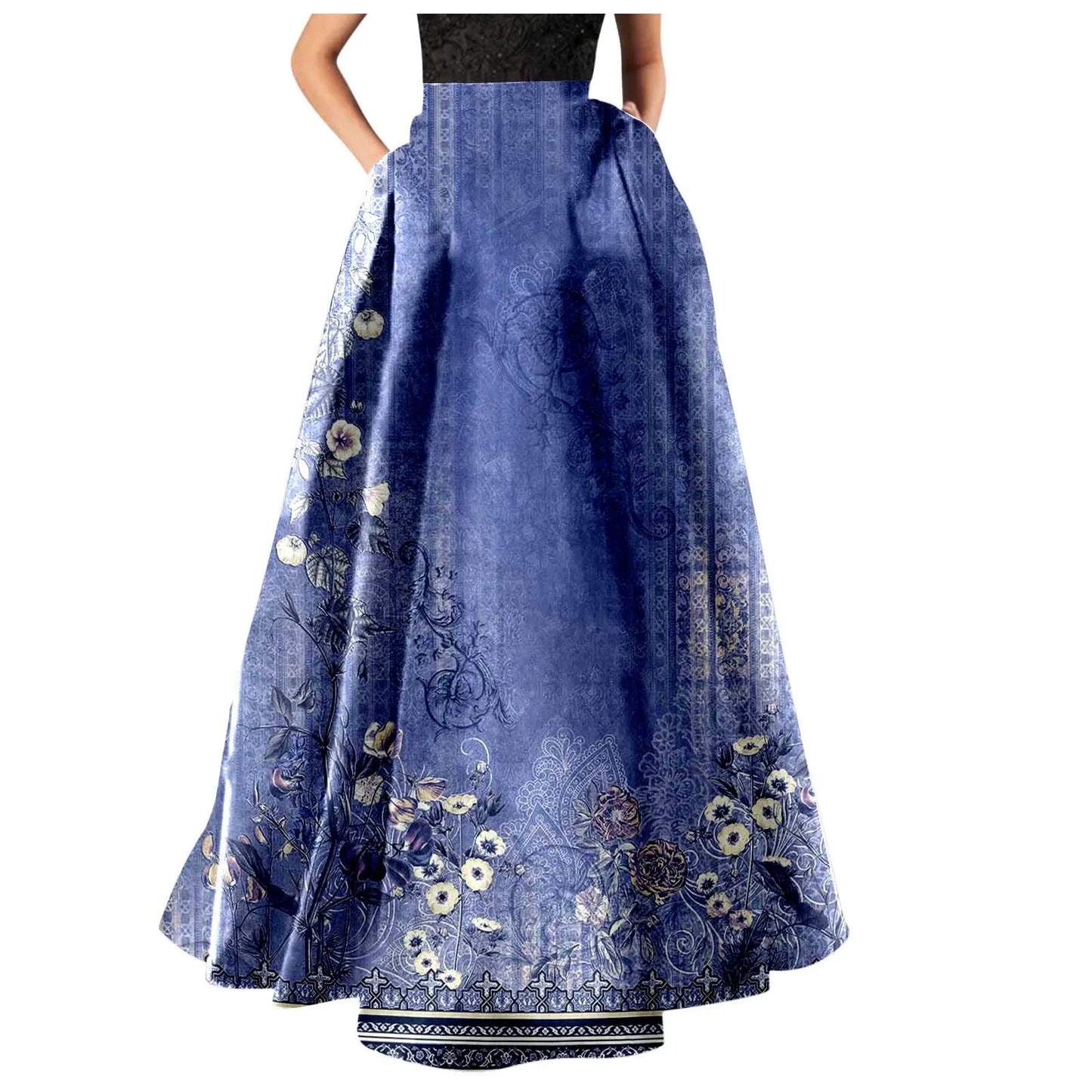 High Waist Pocket Skirts For Women Fashion Bohemian Floral Print Maxi Skirt Party Beach Long Skirt Elegant Vintage Clothing