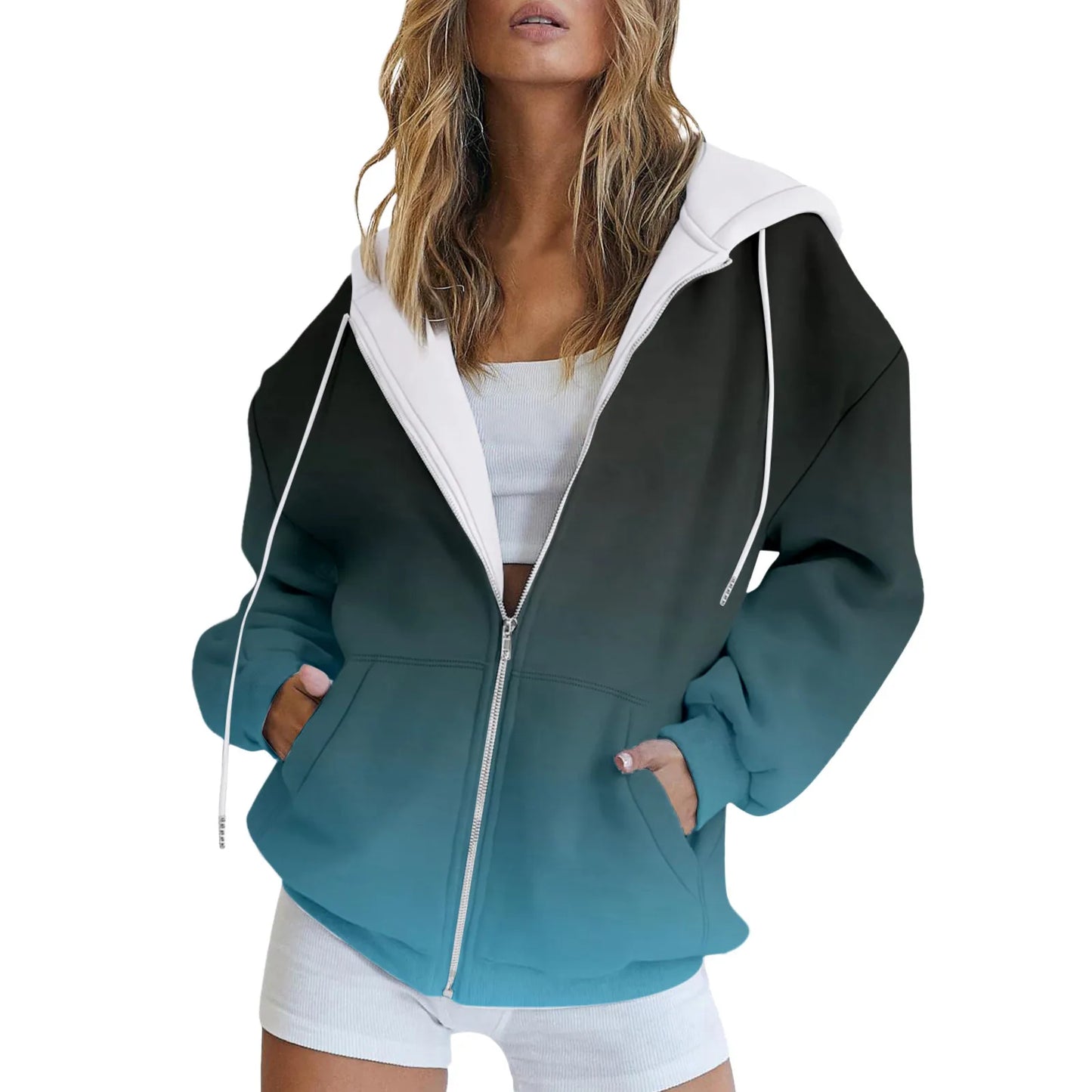Women Hooded Drawstring Casual Jacket Sweatshirt Gradient Color Coats With Pockets Zip Up Loose Outerwear Fashion Hoodies