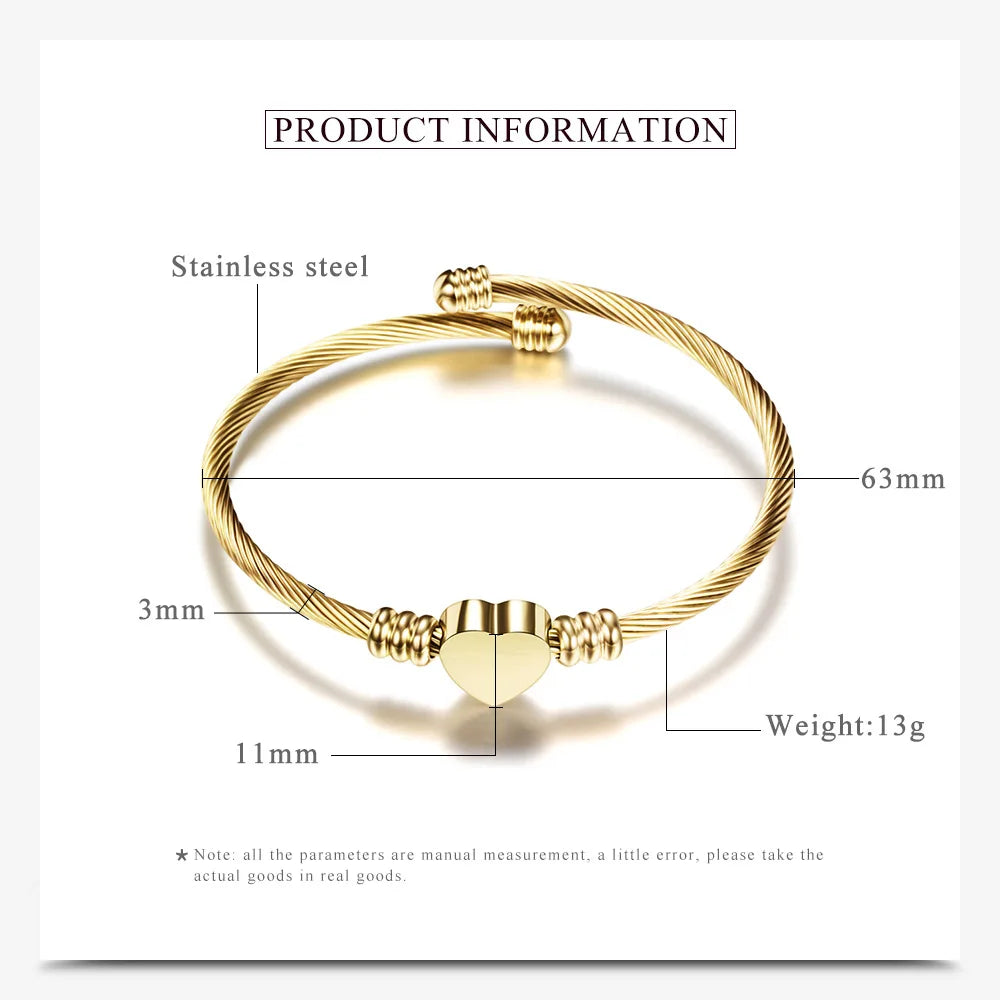 HNSP Stainless Steel Cable Heart Bracelet Bangle