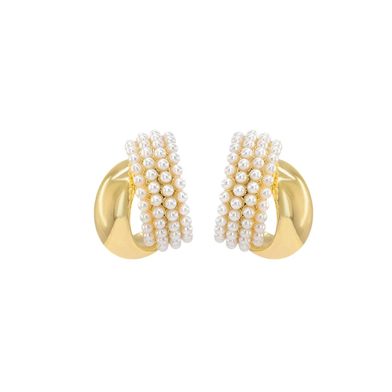 Pearl Metal Arc-Shaped Gold Color Earrings