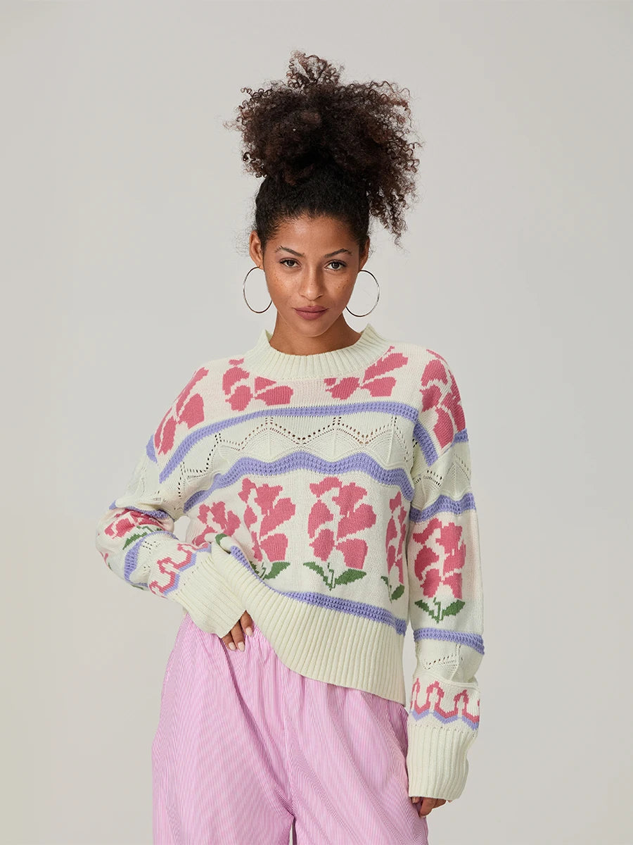 Women s Cable Knit Sweater with Ribbed Crew Neck and Floral Embroidery