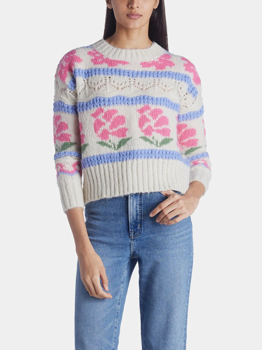 Women s Cable Knit Sweater with Ribbed Crew Neck and Floral Embroidery