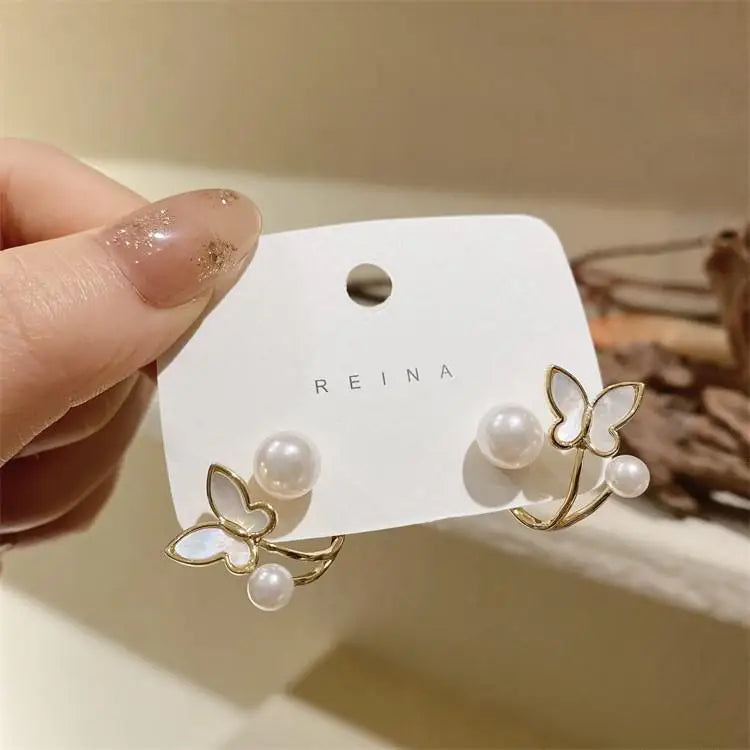 Back Hanging High Class Butterfly Imitation Pearl Earrings