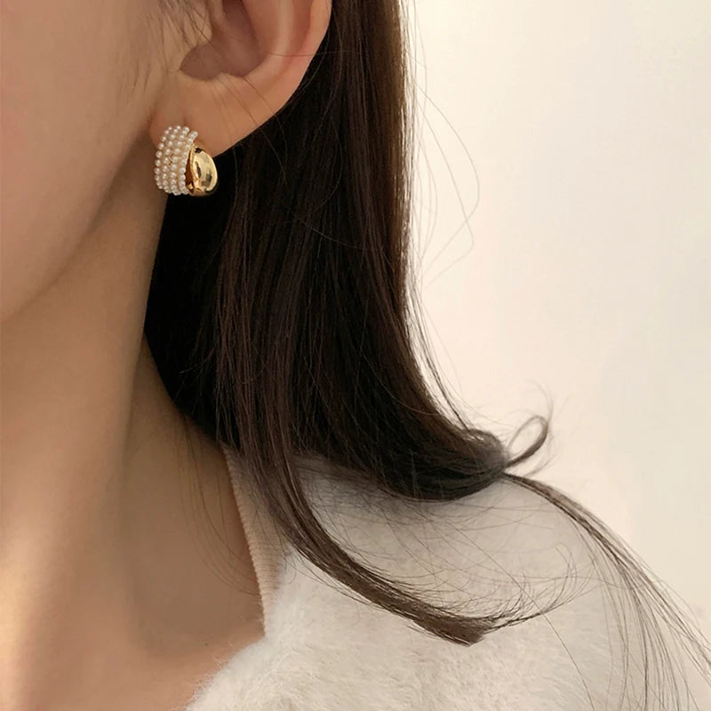 Pearl Metal Arc-Shaped Gold Color Earrings