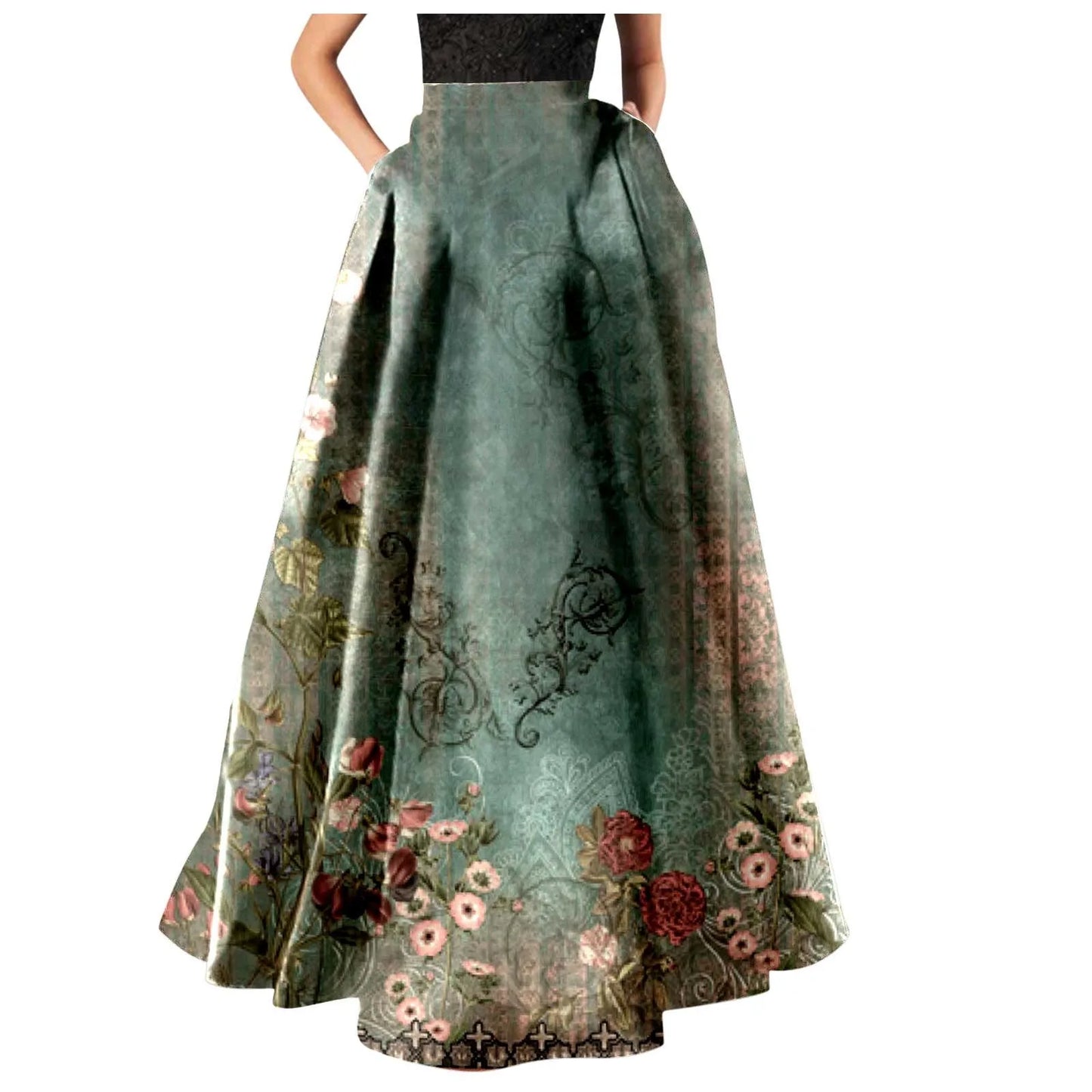 High Waist Pocket Skirts For Women Fashion Bohemian Floral Print Maxi Skirt Party Beach Long Skirt Elegant Vintage Clothing