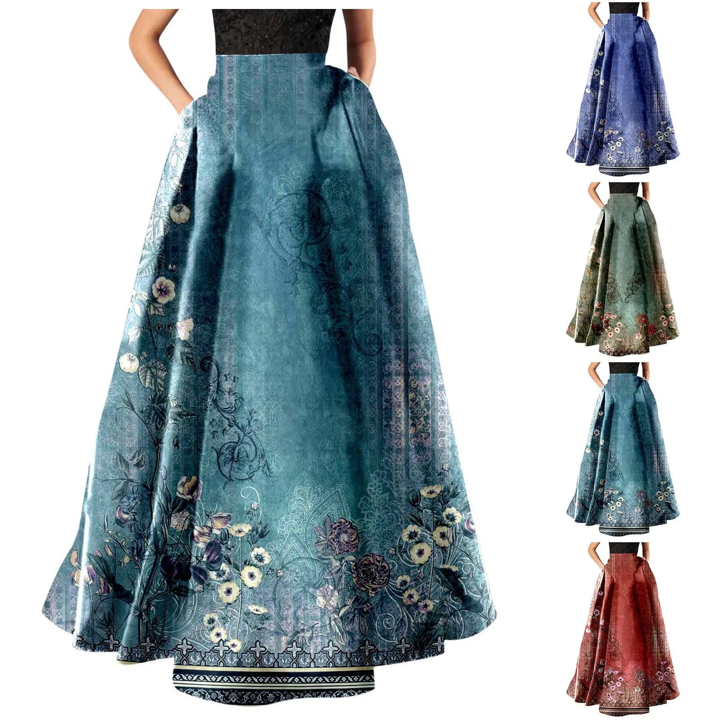 High Waist Pocket Skirts For Women Fashion Bohemian Floral Print Maxi Skirt Party Beach Long Skirt Elegant Vintage Clothing