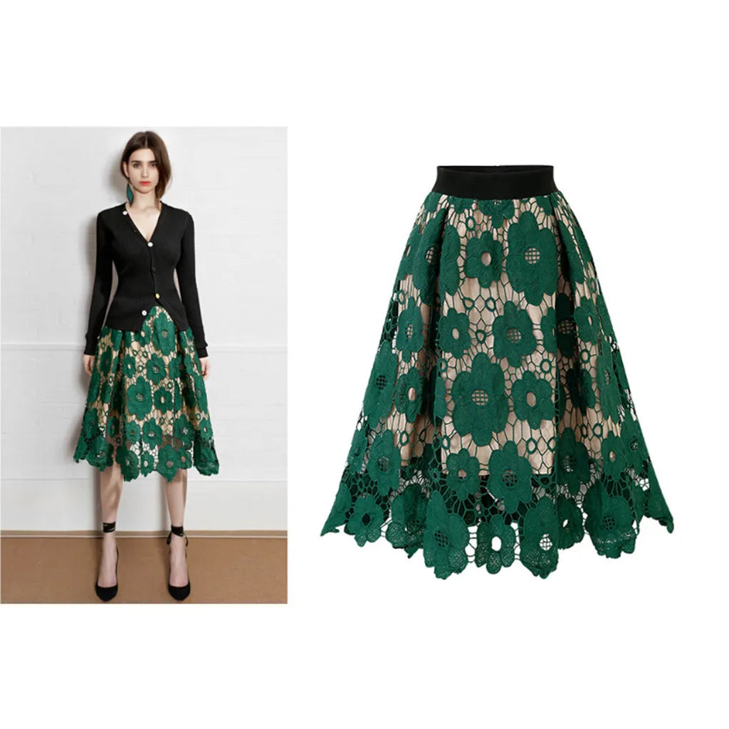 Floral Lace Skirt Commute Elegant Women High Waist Long Skirt Vintage Fairy Double-Layered Hollow Out Irregular A-Line Skirt