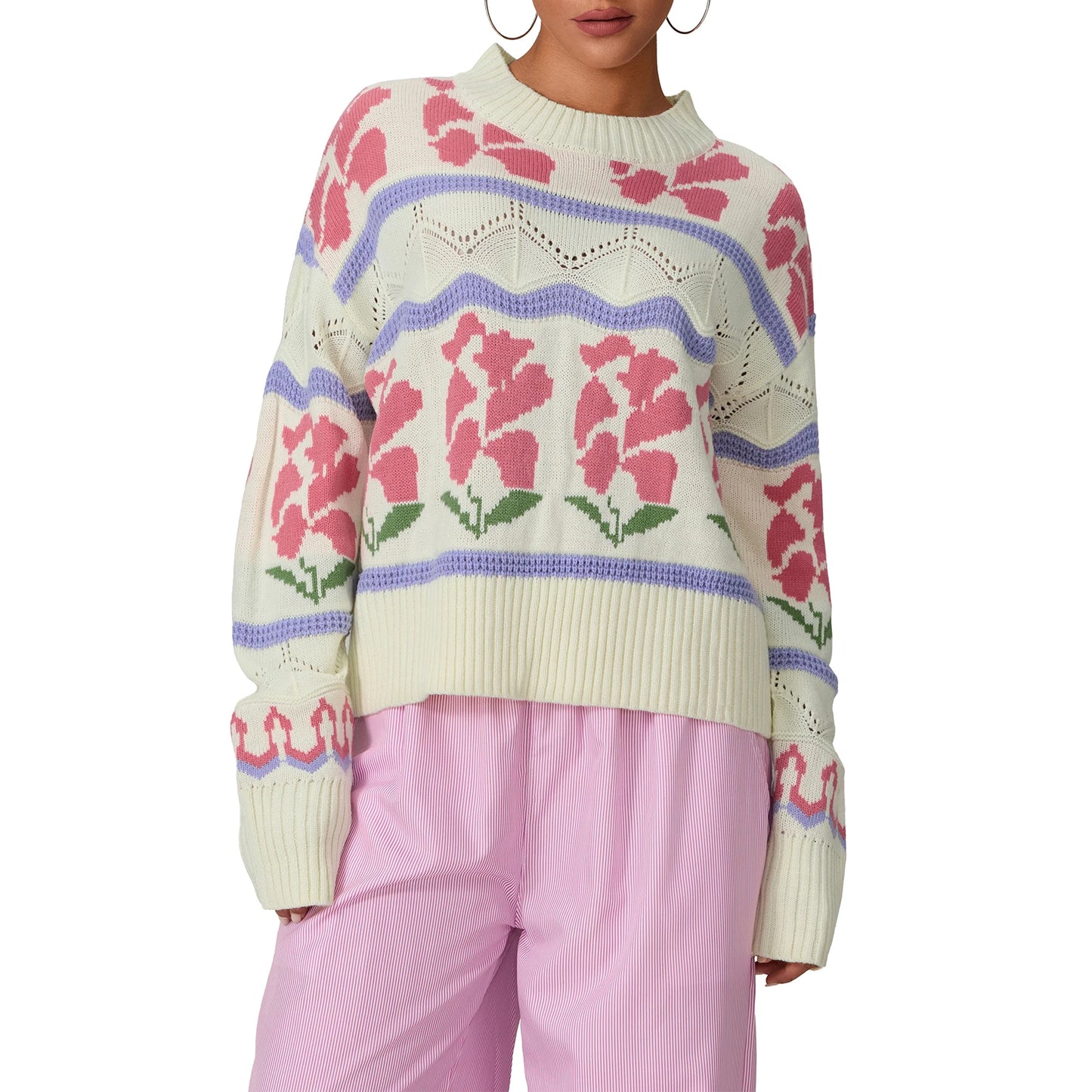 Women s Cable Knit Sweater with Ribbed Crew Neck and Floral Embroidery