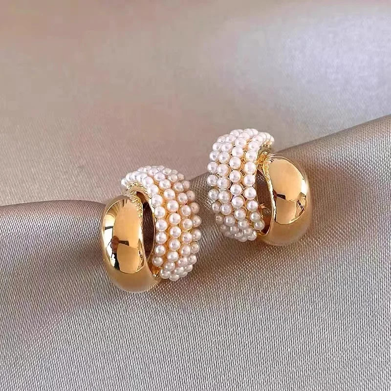 Pearl Metal Arc-Shaped Gold Color Earrings