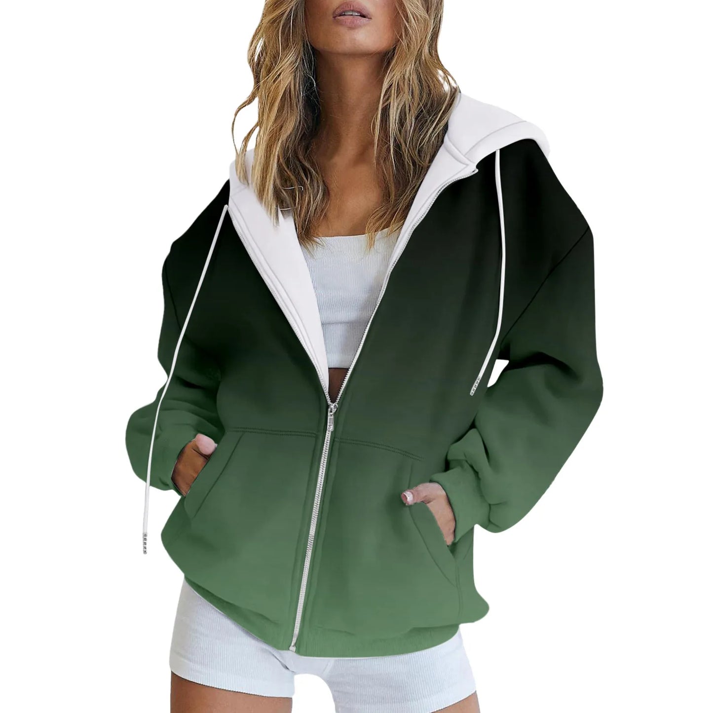 Women Hooded Drawstring Casual Jacket Sweatshirt Gradient Color Coats With Pockets Zip Up Loose Outerwear Fashion Hoodies
