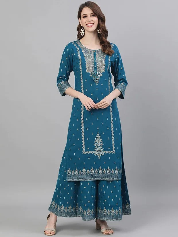 Ethnic Set 2-Piece Cotton Printed Navy Blue &Cotton Printed 3-piece Suit