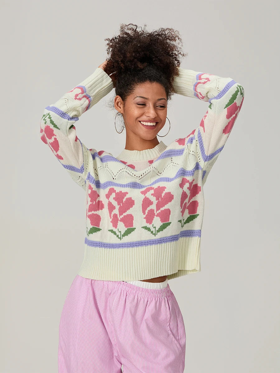 Women s Cable Knit Sweater with Ribbed Crew Neck and Floral Embroidery