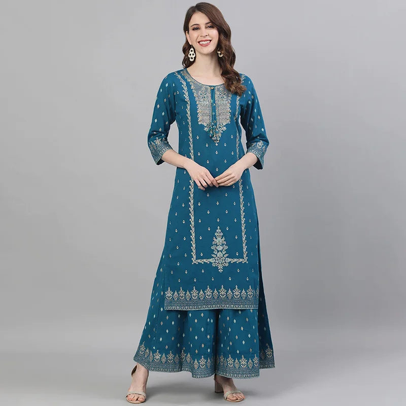 Ethnic Set 2-Piece Cotton Printed Navy Blue &Cotton Printed 3-piece Suit